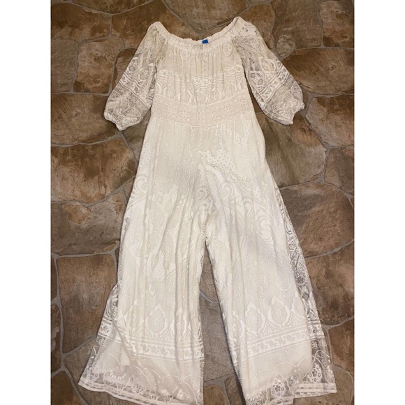 Farm Rio Elliot Boho Off the Shoulder Crochet Wide-Leg Jumpsuit- White, Size XS - Picture 5 of 6